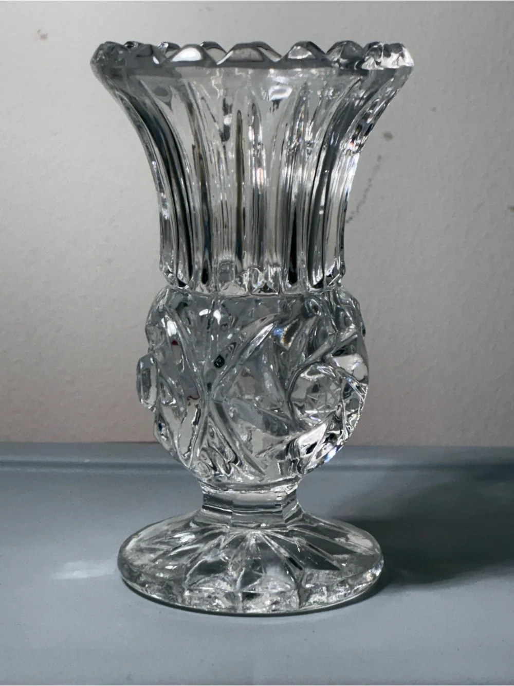 Vintage Cut Crystal Footed Bud Vase Sawtooth Rim 4.5” Pressed Glass - Picture 3 of 9
